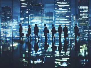 At twilight, silhouettes of people walking in a business district, with blue-toned floors.