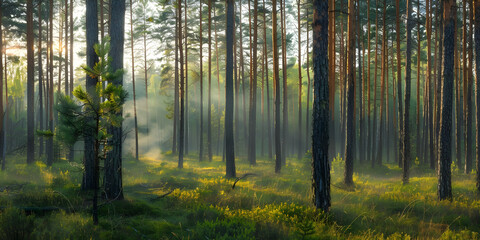 Sunbeams Through Forest Trees  - Realistic Image