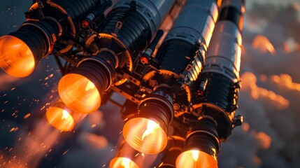 Realistic close up photo capturing rocket engines during launch for a detailed view