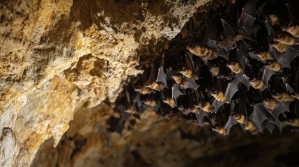 Obraz premium n the dim light of the cave, bats hang from the ceiling, their detailed wings and feathers creating intricate patterns.