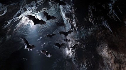 n the dim light of the cave, bats hang from the ceiling, their detailed wings and feathers creating intricate patterns.