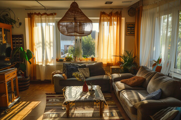 Light living room interior. Big windows, sofas and greenery. Generative AI