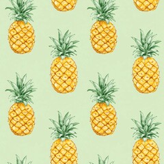 Pineapple illustration, seamless pattern,on a light green background, watercolor style for fabric and wallpaper design