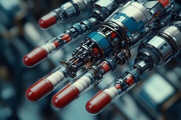 Advanced robotic arm manipulating a row of capsules in a high tech environment emphasizing the role of AI in modern medicine captured in a detailed futuristic setting