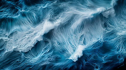 Obraz premium The image is of a large wave crashing into the ocean. The water is a deep blue color, and the waves are white and frothy. The scene is dynamic and powerful, with the water moving in a chaotic