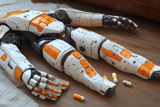 Robotic arms with orange and white design lying on wooden surface showing intersection of technology and rest detailed image that highlights the contrast between metal and organic materials