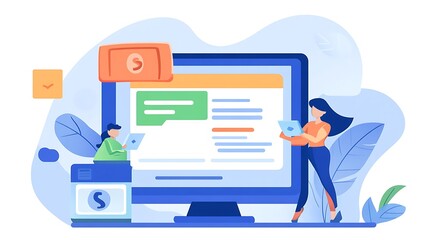 A woman and a boy engage with digital devices, exploring online finance concepts, surrounded by vibrant colors and a modern, stylized background.