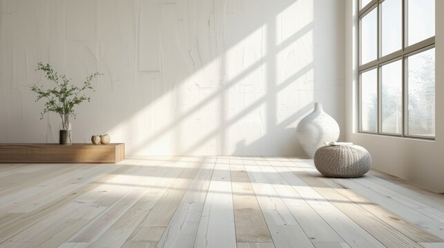 Contemporary room with new floating floor installation, minimalist design in progress