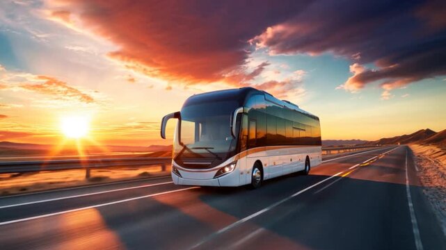 modern tourist bus drives along the highway at a bright sunset.