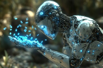 Robot analyzing glowing blue digital elements in a forest setting symbolizing the convergence of technology and nature captured in a moody detailed image that emphasizes the futuristic theme
