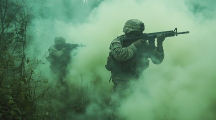 Through the thick smoke of the battlefield, soldiers in camouflage military uniforms navigate the forest. Their guns are ready, and their eyes are sharp,