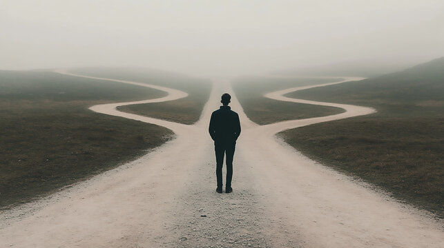 A person standing at a crossroads with multiple paths leading off in different directions, each path visually distinct and representing different life choices.