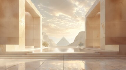 A minimalist 3D render where globally recognized landmarks such as the Acropolis and the Louvre Pyramid are positioned around the outer edges of the scene. The landmarks are modeled with sleek,