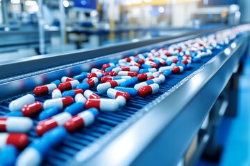 Fototapeta premium Conveyor belt filled with colorful pills in a high tech pharmaceutical factory symbolizing the efficiency and precision in modern medicine captured in a bright clean environment