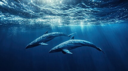 Naklejka premium Two Dolphins Swimming Underwater