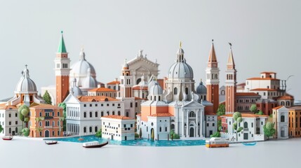 Obraz premium A minimalist 3D render showcasing tourist attractions like the Venice canals and the Mount Rushmore, arranged in a balanced pattern around the scenes borders. The landmarks are depicted in a modern,