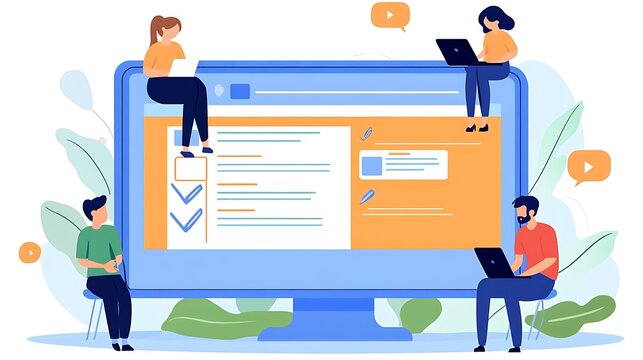 A diverse group of four young adults, two women and two men, engaging with technology on laptops while collaborating, creating a dynamic and modern work environment.