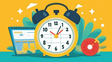 Bright and colorful illustration of a yellow alarm clock with black bells, a calendar, and a stopwatch, depicting the theme of time management and organization.