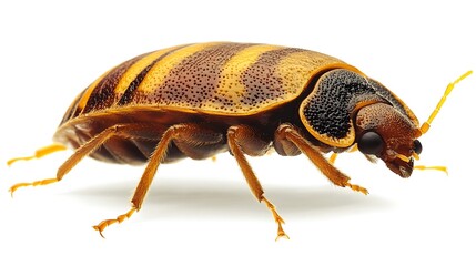 Naklejka premium Close-up of a vibrant insect with distinctive brown and yellow stripes, showcasing intricate details of its body and antennae against a white background.