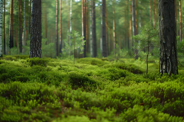 Fototapeta premium Green Mossy Forest Floor with Pine Trees Photo