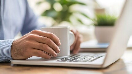 Fototapeta premium A relaxed adult male of Caucasian descent enjoys a cup of coffee while working on his laptop at a bright, modern workspace filled with greenery.