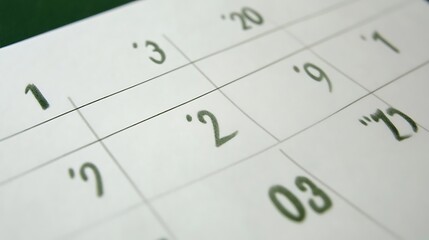 Close-up of a printed calendar page showing dates in a minimalist style, evoking a sense of organization and planning.