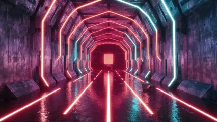 Futuristic Cyber Stage with Neon Laser Lights in a Grunge Concrete Tunnel Corridor  Vibrant 3D Rendering Background