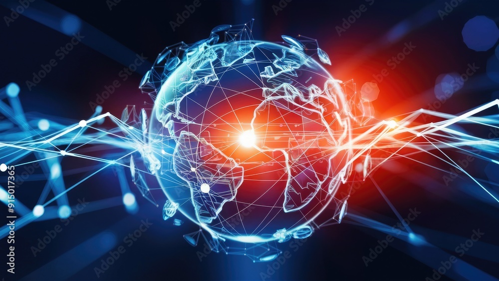 Poster visual representation of interconnected data and networks across a globe conceptual imagery of globa