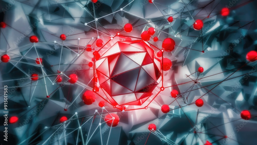 Poster abstract geometric background featuring a network of polygons and red dots with various sized triang