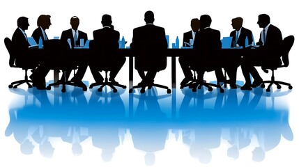 A diverse group of business professionals engage in a meeting around a conference table, casting silhouettes against a blue gradient backdrop.