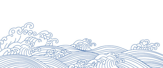 Japanese blue wave background vector. Wallpaper design with blue and white ocean wave pattern backdrop. Modern luxury oriental illustration for cover, banner, website, decor, border. © TWINS DESIGN STUDIO