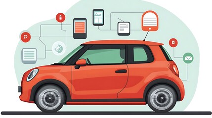 A vibrant orange compact car designed in a sleek, modern style, surrounded by digital icons representing technology and connectivity.