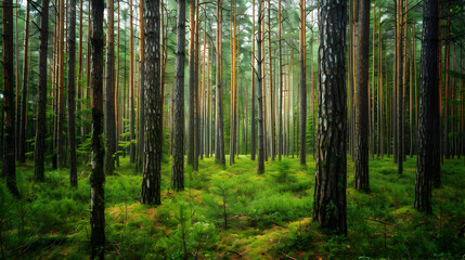 Fototapeta premium Green Pine Forest Background - Tall Trees and Lush Undergrowth