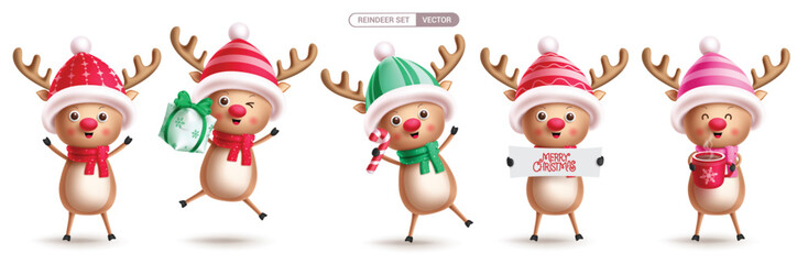 Christmas reindeer characters vector set design. Reindeer christmas cute character in jumping, standing, holding gift box, coffee and wearing hat and scarf collection isolated in white background. 