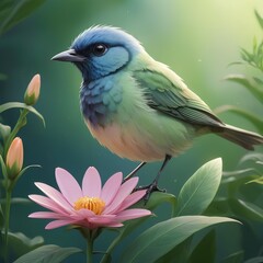 Obraz premium Radiant Garden, Vibrant Bird and Delicate Pink Flower