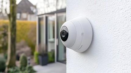 A sleek, modern security camera mounted on a white wall of a contemporary home, blending technology with stylish architecture.