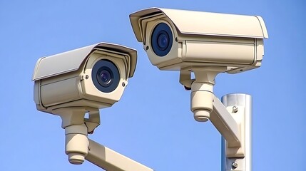 Two white security cameras mounted on a pole against a clear blue sky.
