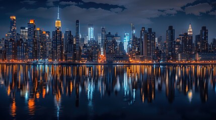 Obraz premium Nighttime City Skyline Reflected in a Calm Waterway