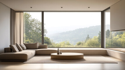 A serene and minimalist living room featuring large floor-to-ceiling windows that offer breathtaking panoramic views of nature