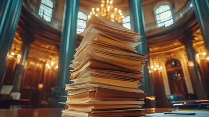 A towering stack of documents fills the foreground, set against an elegant, warmly-lit backdrop of a historic library interior.