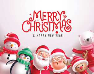 Merry christmas greeting vector design. Christmas characters greetings card with santa claus, mrs claus, penguin, snowman and reindeer xmas character for new year cards template. Vector illustration 