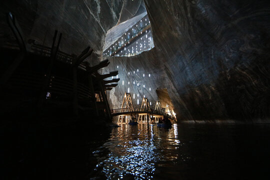 Landscape of Rudolf Mine in salt mine - Salina Turda in Transylvania, Romania