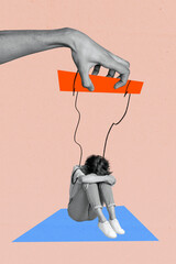 Vertical collage picture young sad depressed girl sit crying wired strings manipulation hand...