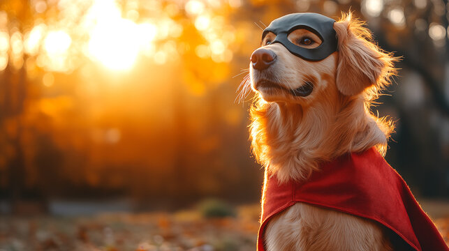 Golden retriever dog in a red cape and mask on the background of autumn park.