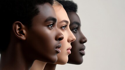 Three young individuals representing diverse ethnicities in profile, showcasing the beauty of different skin tones and features.