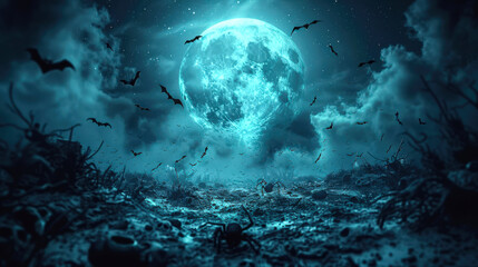 Fototapeta premium Creepy Halloween background with spiders, bats, dark sky and a big full moon. A night of horrors. Happy Halloween