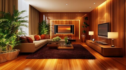 A modern living room with a large sectional sofa, a coffee table, and two lamps. The room is decorated with a wooden wall and a large TV.