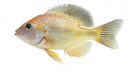 A vibrant yellow fish with intricate fins and scales, transparent background