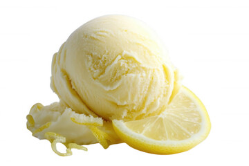 A delicious scoop of lemon ice cream garnished with fresh lemon slices, transparent background