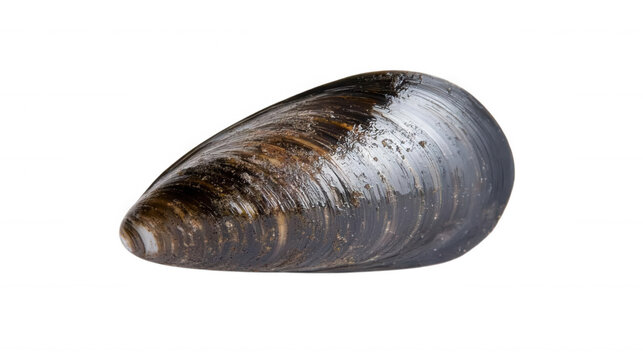 A close-up view of a single dark mussel shell, transparent background